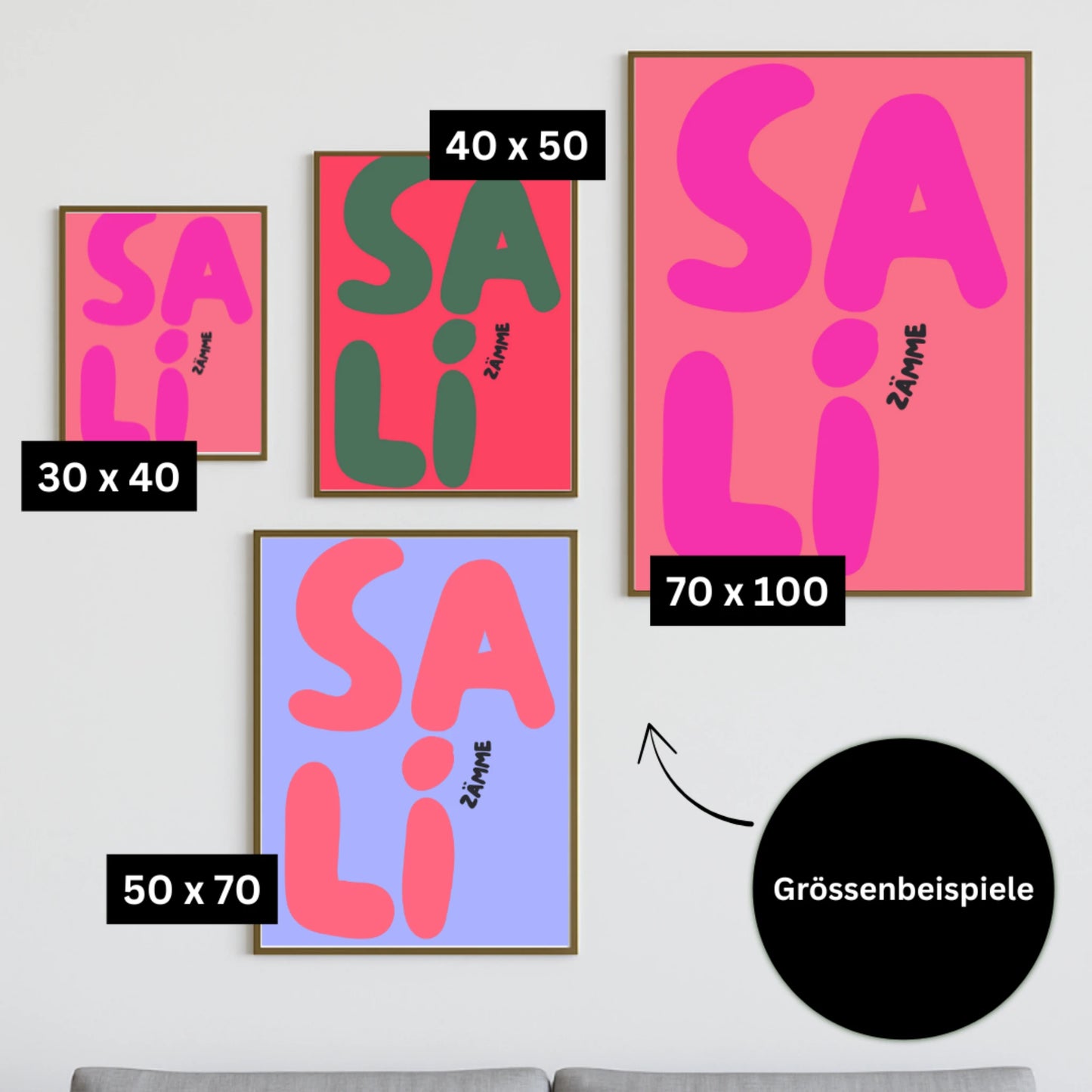 SALI ZÄMME Poster – Größenbeispiele 30x40, 40x50, 50x70, 70x100 cm – Witzblitz Schweiz